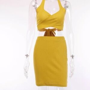 Yellow knit bodycon mini skirt